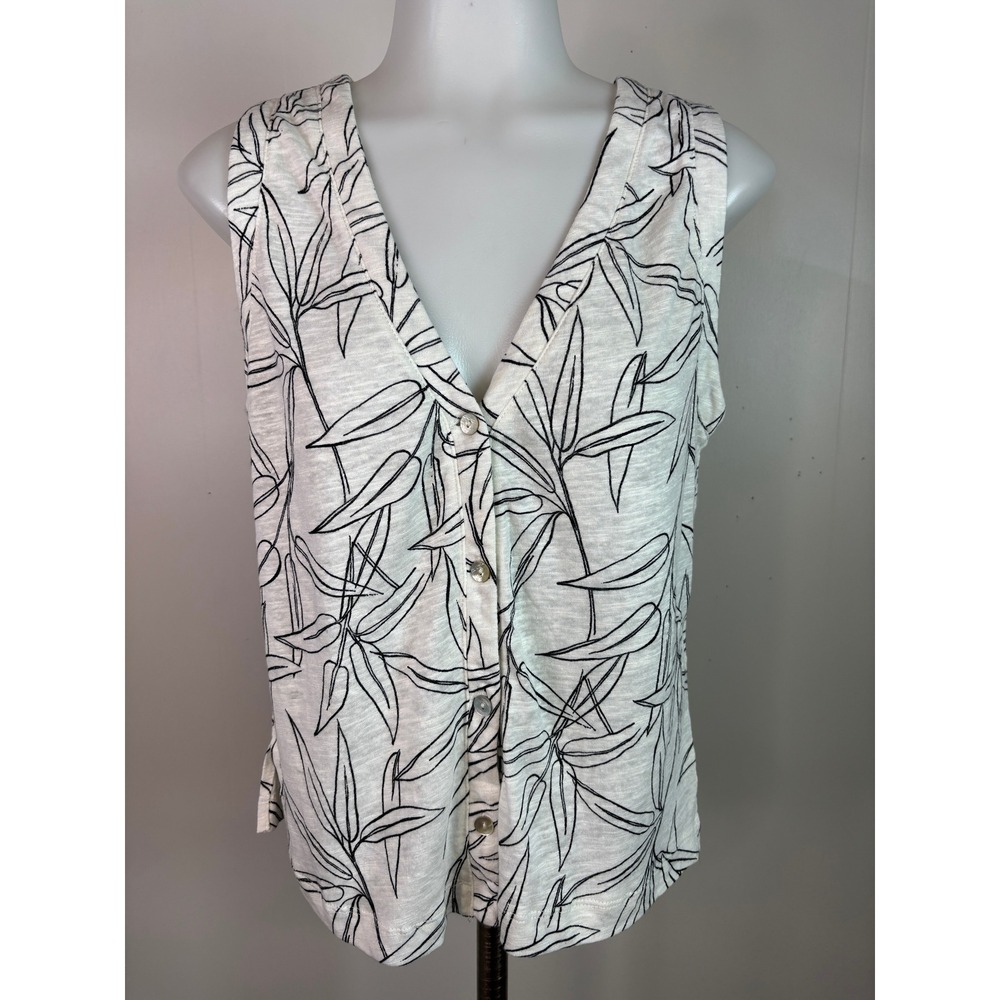 Cynthia Rowley Button Down Tank Top Medium White Black Leaf Print Linen Blend
